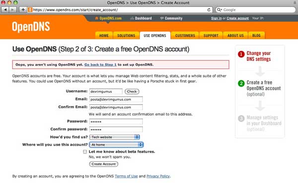 OpenDNS hesap oluşturma
