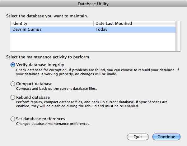 Entourage Database Utility Seçenekleri