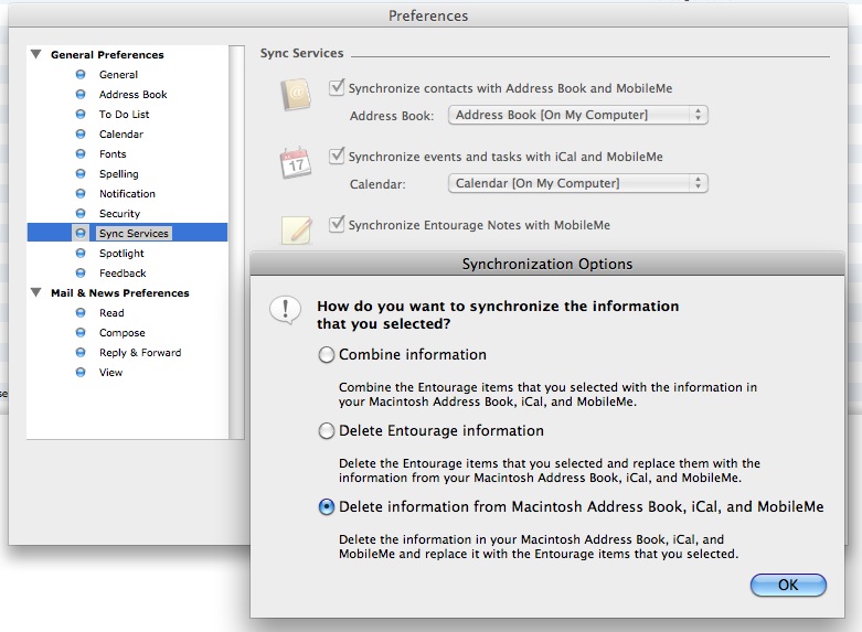 Entourage Sync Preferences