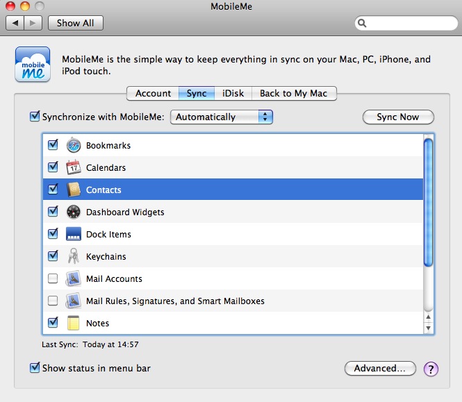 MobileMe Sync Tercihleri